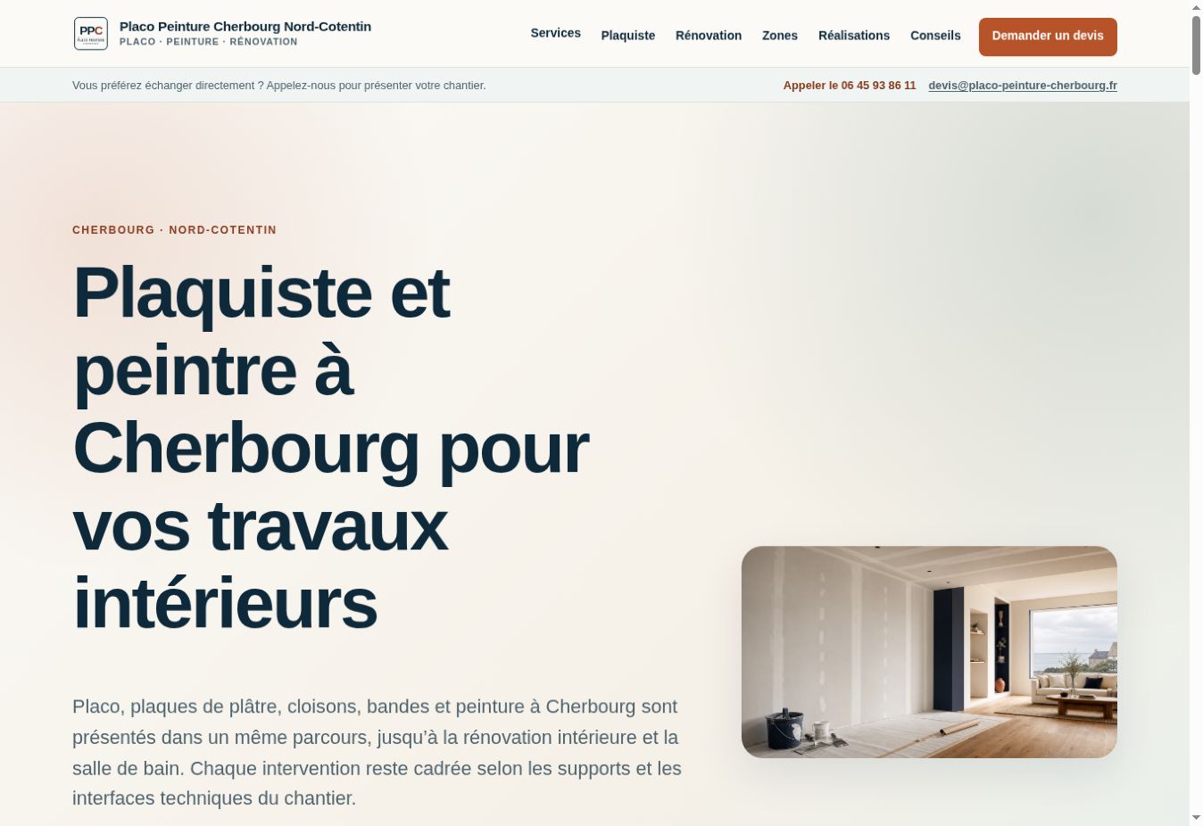 Page d’accueil du site Placo Peinture Cherbourg conçu autour des recherches locales et de la demande de devis